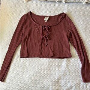 Self Esteem Ribbed Tie-Front Long Sleeve Crop Top - Mauve Rose